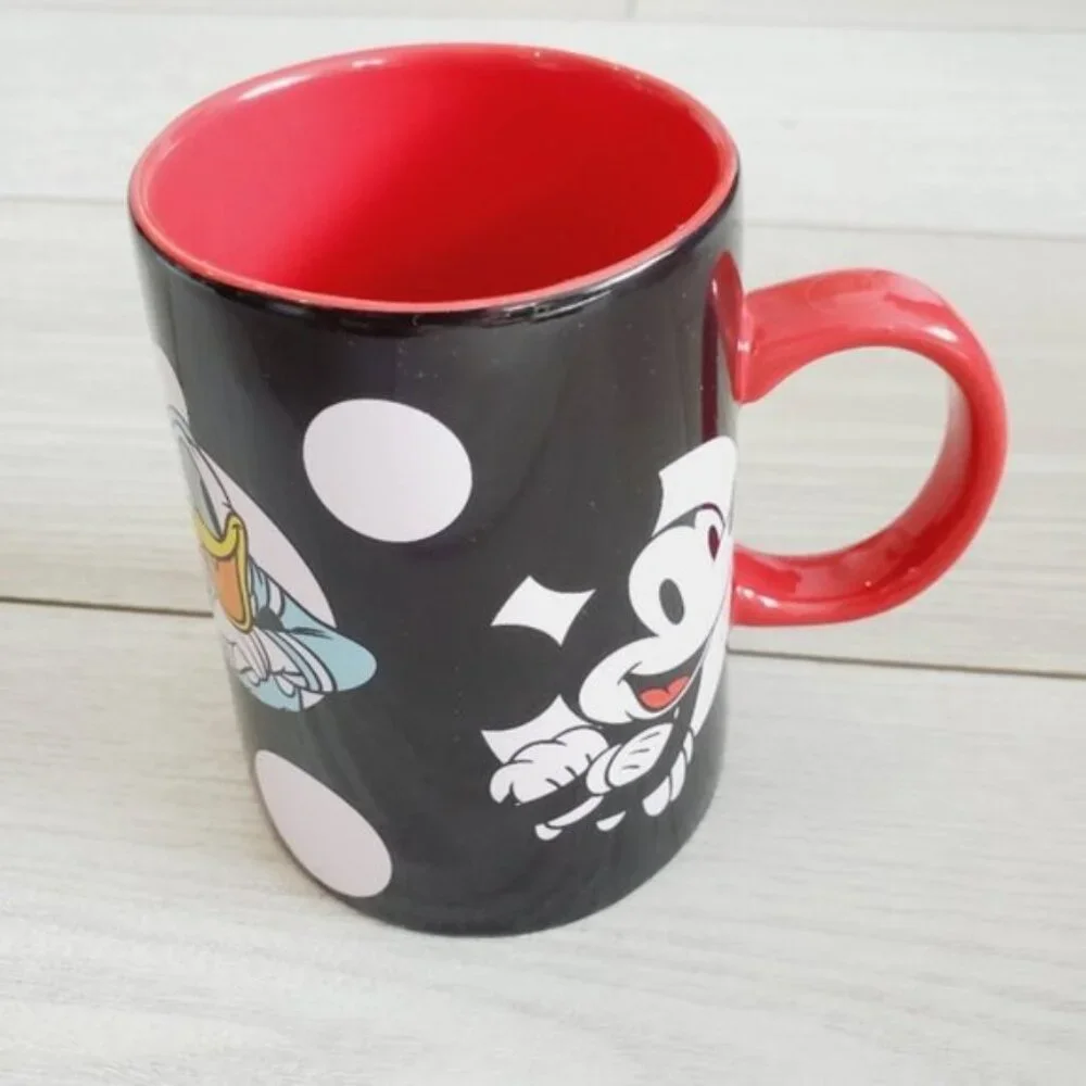 Vintage Disney Polka Dot Mickey Pluto Donald Black Red Coffee Cup Mug - Picture 2 of 5